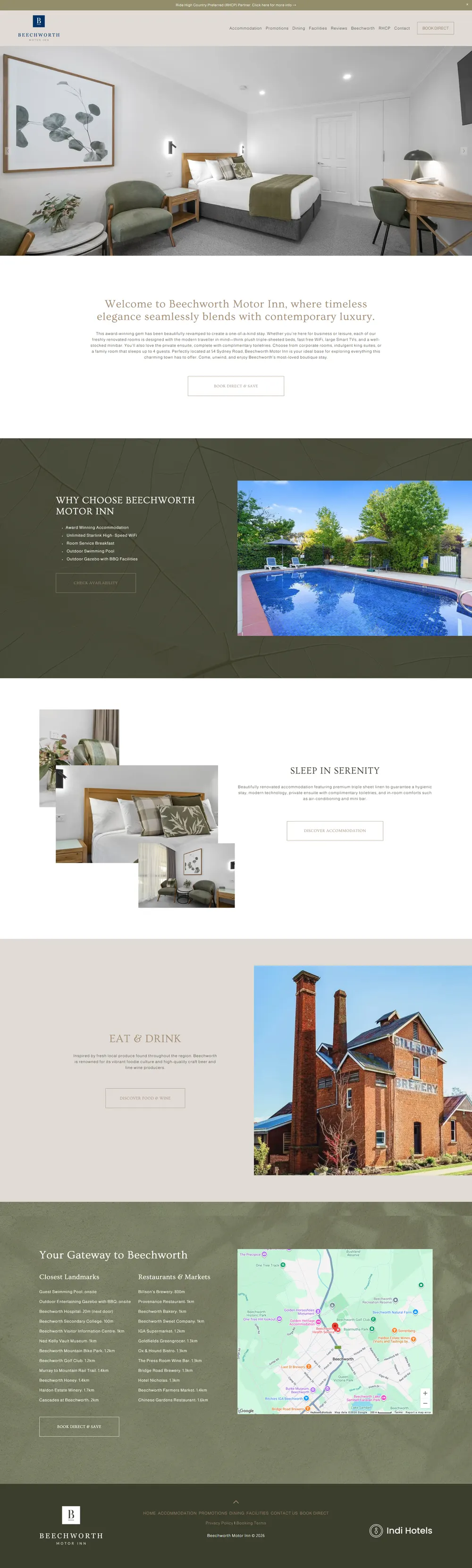 Beechworth Motor Inn website homepage, built by Websites by Indi