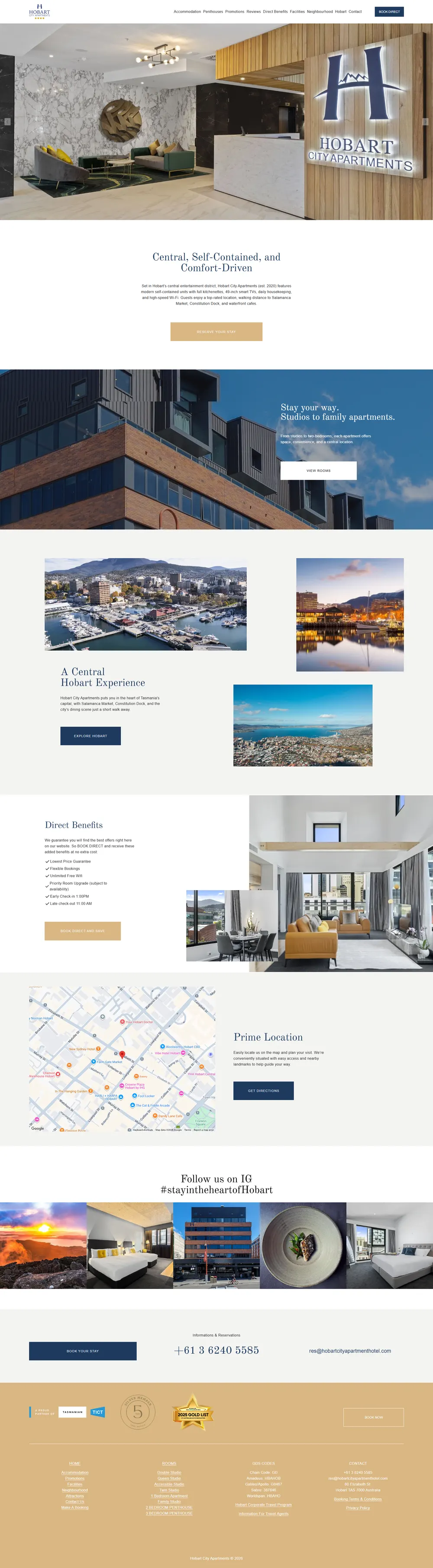 Hobart City Apartments website homepage, built by Websites by Indi