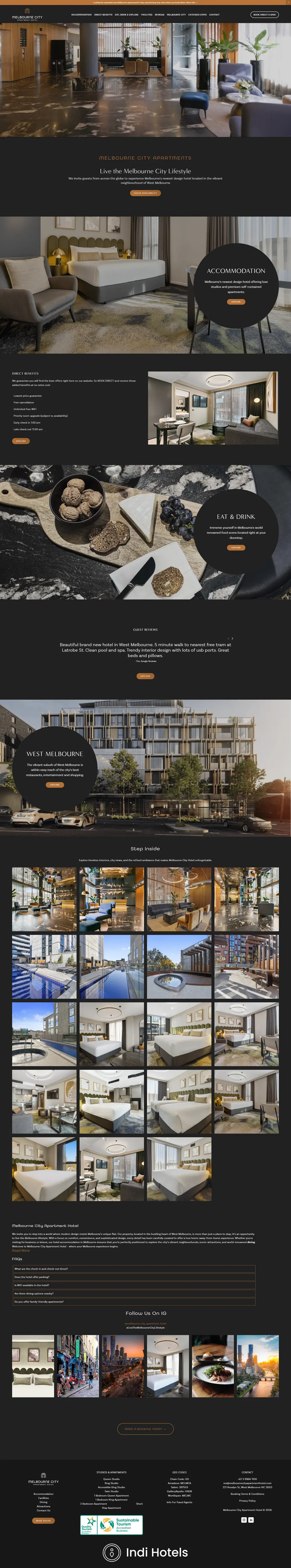 Melbourne City Apartment Hotel website homepage, built by Websites by Indi